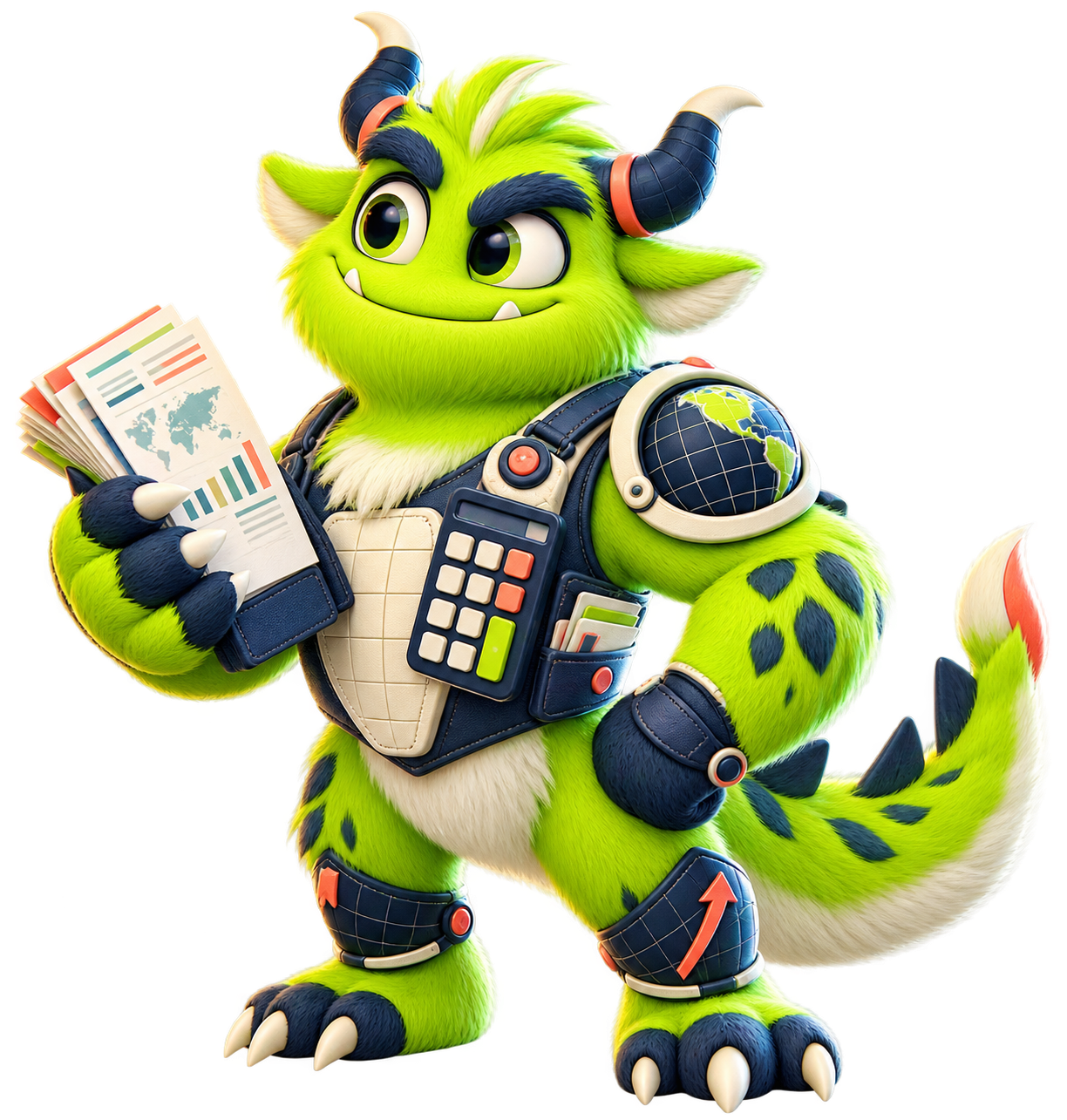Friendly green tariff calculator monster holding itemized trade documents